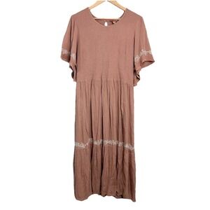 April Cornell  Embroidered Midi  Dress Beige Crinkle Smocked Cottage Boho XXL